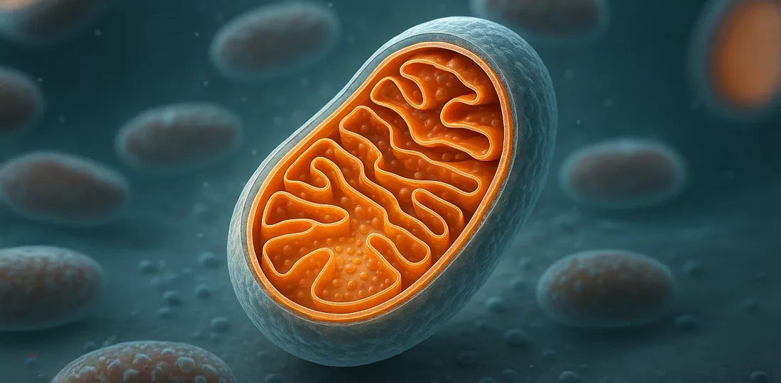 3D-Illustration eines aufgeschnittenen Mitochondriums mit gefalteter Innenmembran (Cristae)